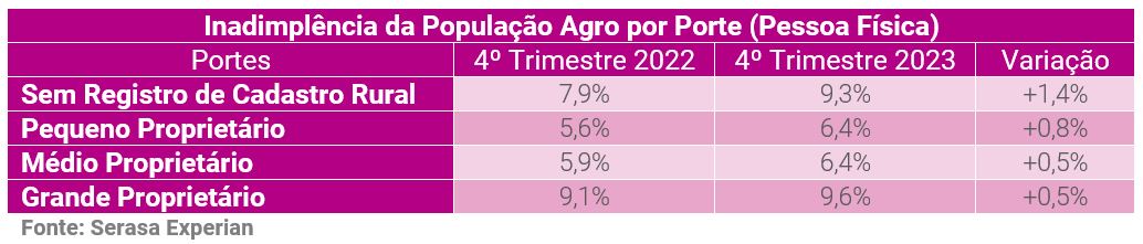 Gráfico da Serasa Experian com dados da inadimplência da população Agro dividido por porte em um recorte de pessoa física Junho de 2024