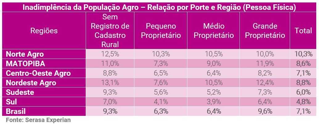 Gráfico da Serasa Experian com dados da inadimplência da população Agro dividido por porte e região em um recorte de pessoa física Junho de 2024