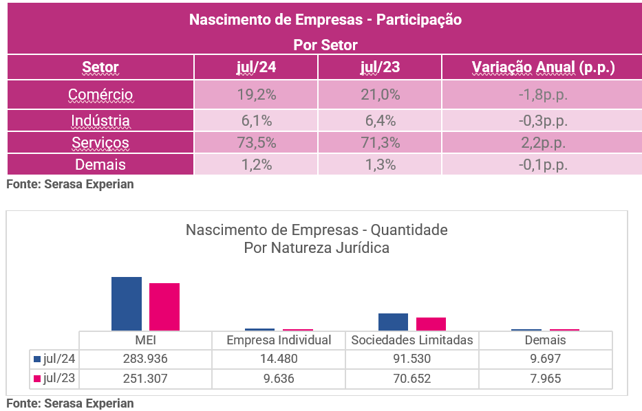 Gráfico e tabela da Serasa Experian com dados sobre o nascimento de empresas dividido por setor e natureza jurídica nos últimos 12 meses e atualizado até julho de 2024