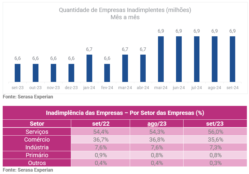 Gráfico e tabela com dados sobre a quantidade de empresas inadimplentes mês a mês e divididas por setor da empresa atualizado em setembro de 2024